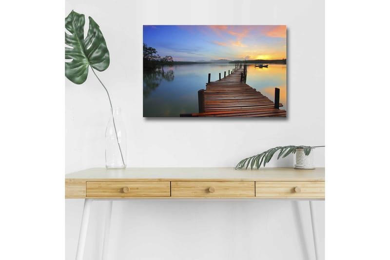 Canvastavla med LED-belysning - Solnedgång över en träbrygga vid vattnet - Orange / Blå / Brun - Inredning & dekor - Tavlor & konst - Canvastavla
