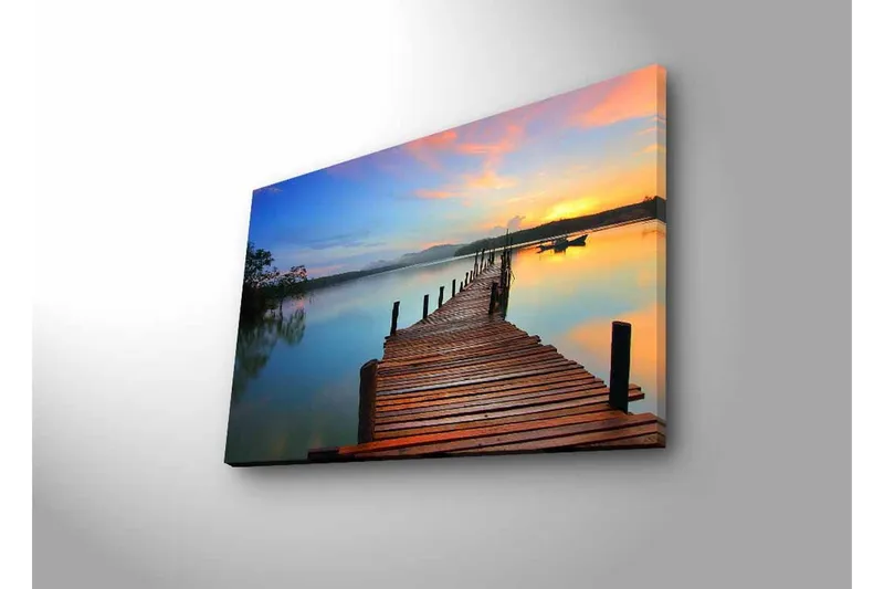 Canvastavla med LED-belysning - Solnedgång över en träbrygga vid vattnet - Orange / Blå / Brun - Inredning & dekor - Tavlor & konst - Canvastavla