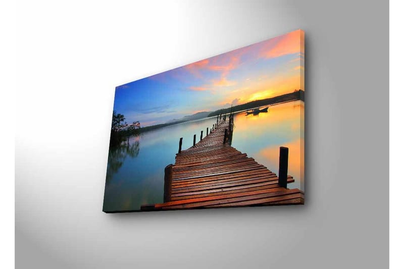 Canvastavla med LED-belysning - Solnedgång över en träbrygga vid vattnet - Orange / Blå / Brun - Inredning & dekor - Tavlor & konst - Canvastavla