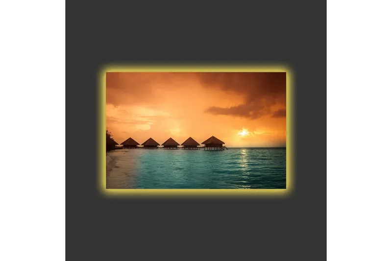 Canvastavla med LED-belysning - Solnedgång över en tropisk strand med övervattensbungalower - Orange / Turkos - Inredning & dekor - Tavlor & konst - Canvastavla