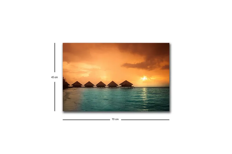 Canvastavla med LED-belysning - Solnedgång över en tropisk strand med övervattensbungalower - Orange / Turkos - Inredning & dekor - Tavlor & konst - Canvastavla
