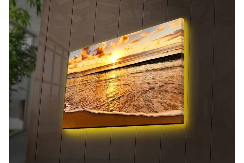 Canvastavla med LED-belysning - Solnedgång över havet med reflektioner på vattnet - Guld / Blå / Sandbeige - Inredning & dekor - Tavlor & konst - Canvastavla