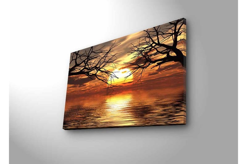 Canvastavla med LED-belysning - Solnedgång över spegelblanka vattenytor med silhuetter av trädgrenar - Guld / Orange / Svart - Inredning & dekor - Tavlor & konst - Canvastavla