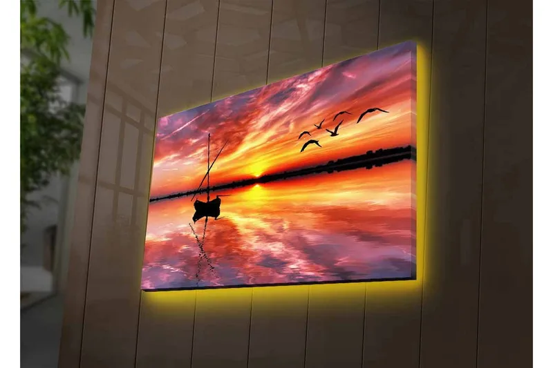 Canvastavla med LED-belysning - Solnedgång över stilla vatten med en båt och flygande fåglar - Orange / Lila / Blå - Inredning & dekor - Tavlor & konst - Canvastavla