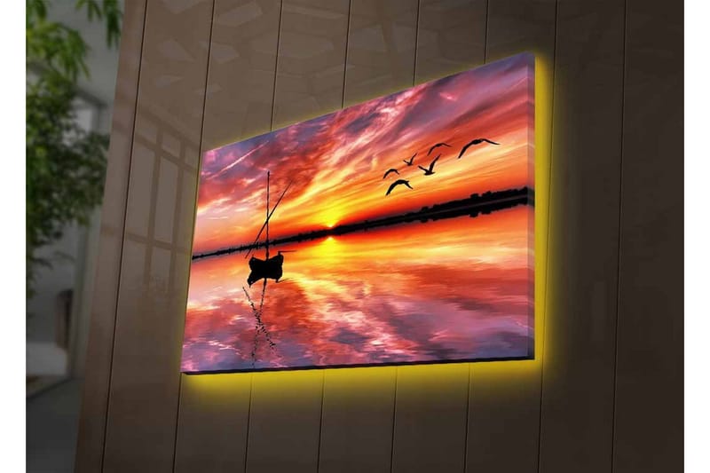 Canvastavla med LED-belysning - Solnedgång över stilla vatten med en båt och flygande fåglar - Orange / Lila / Blå - Inredning & dekor - Tavlor & konst - Canvastavla