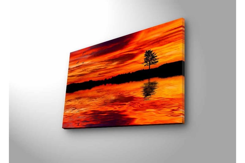 Canvastavla med LED-belysning - Solnedgång över stilla vatten med silhouett av ett ensamt träd - Orange / Röd / Svart - Inredning & dekor - Tavlor & konst - Canvastavla