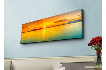 Canvastavla med LED-belysning - Solnedgång över stilla vatten - Orange / Blå / Guld - Inredning & dekor - Tavlor & konst - Canvastavla