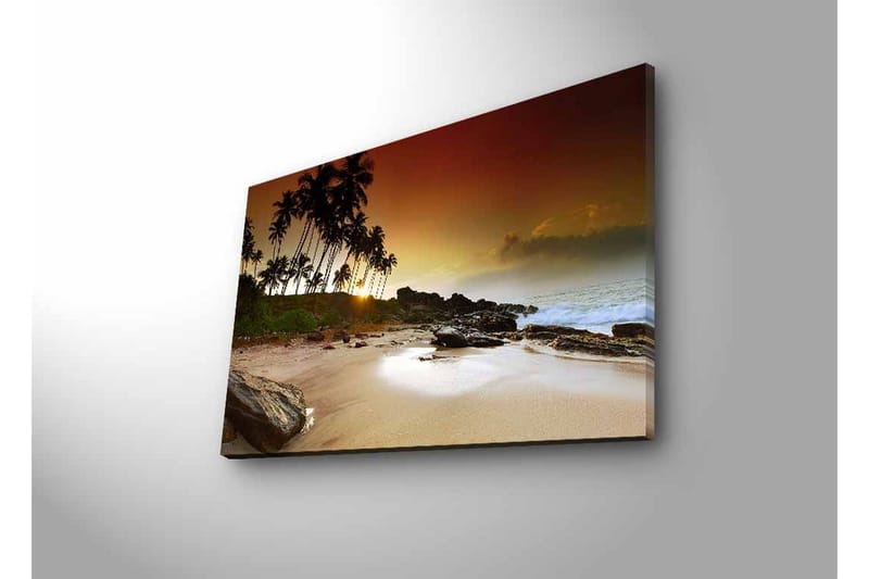 Canvastavla med LED-belysning - Solnedgång vid en tropisk strand med palmer och klippor - Mörkbrun / Beige / Grön - Inredning & dekor - Tavlor & konst - Canvastavla