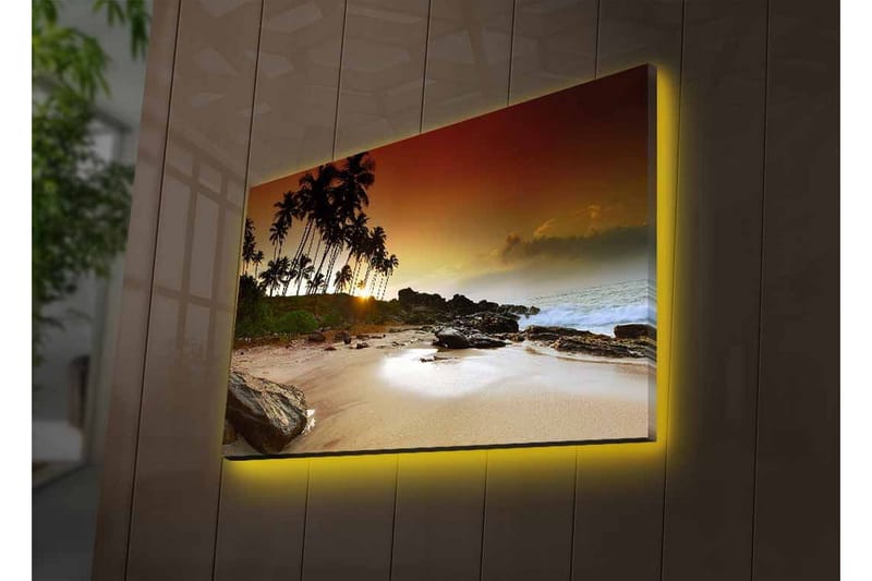 Canvastavla med LED-belysning - Solnedgång vid en tropisk strand med palmer och klippor - Mörkbrun / Beige / Grön - Inredning & dekor - Tavlor & konst - Canvastavla