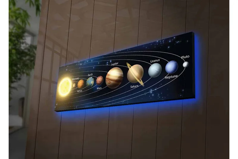 Canvastavla med LED-belysning - Solsystemets planeter i en harmonisk arrangemang - Mörkblå / Gul / Brun - Inredning & dekor - Tavlor & konst - Canvastavla