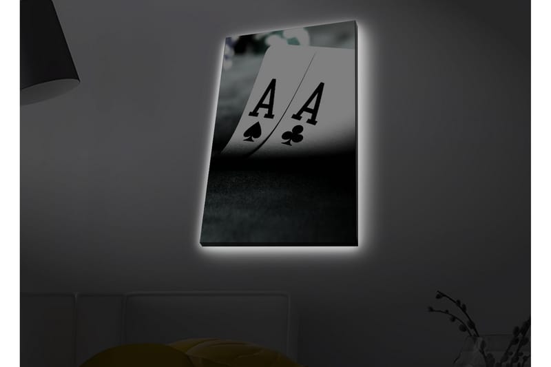 Canvastavla med LED-belysning - Spelkort med två ess i fokus - Svart / Vit / Grön - Inredning & dekor - Tavlor & konst - Canvastavla