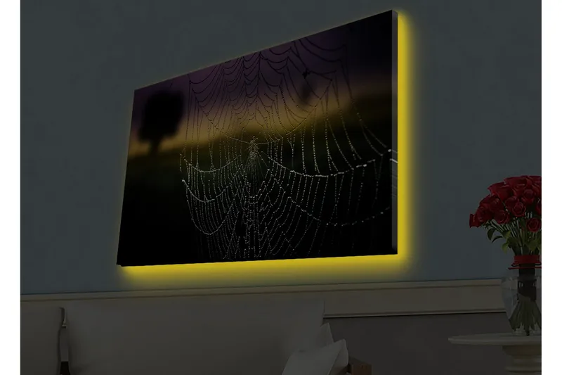 Canvastavla med LED-belysning - Spindelnät med daggdroppar i mjukt ljus, Svart / Grå / Guld