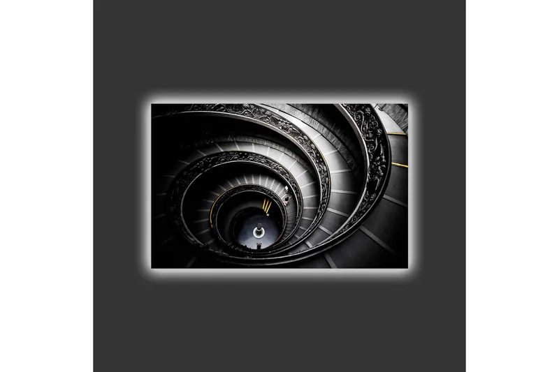 Canvastavla med LED-belysning - Spiralerande trappa med eleganta detaljer - Svart / Grå / Gul - Inredning & dekor - Tavlor & konst - Canvastavla