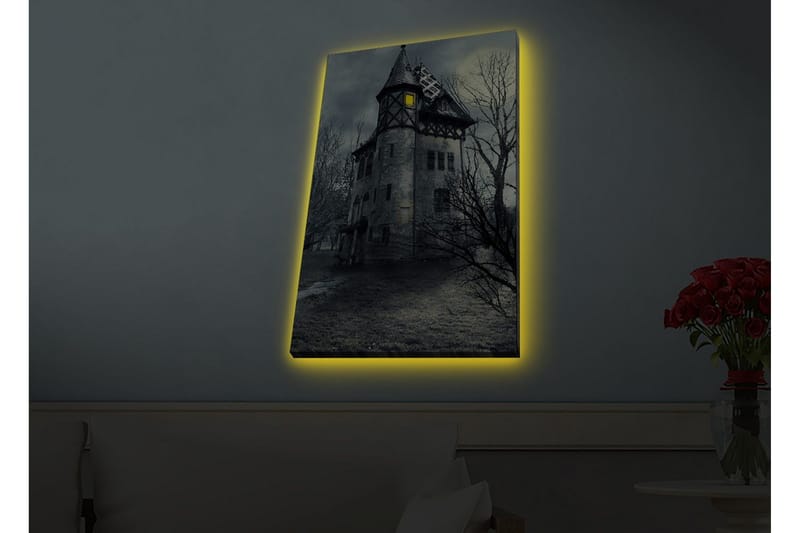 Canvastavla med LED-belysning - Spöklik herrgård omgiven av döda träd - Grå / Svart / Gul - Inredning & dekor - Tavlor & konst - Canvastavla