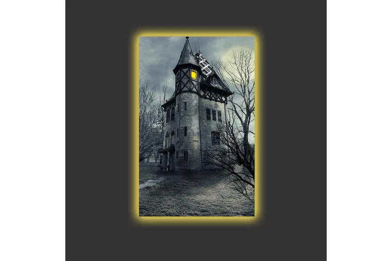 Canvastavla med LED-belysning - Spöklik herrgård omgiven av döda träd - Grå / Svart / Gul - Inredning & dekor - Tavlor & konst - Canvastavla