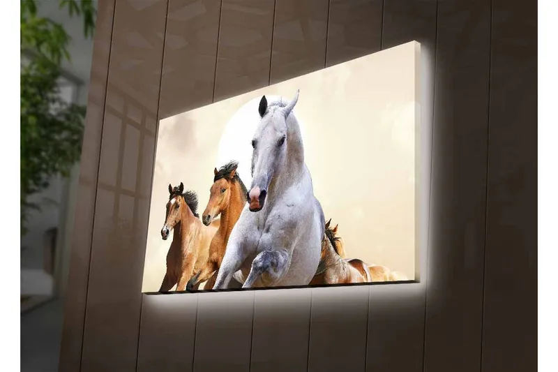 Canvastavla med LED-belysning - Springande hästar i en dynamisk komposition - Vit / Brun / Beige - Inredning & dekor - Tavlor & konst - Canvastavla