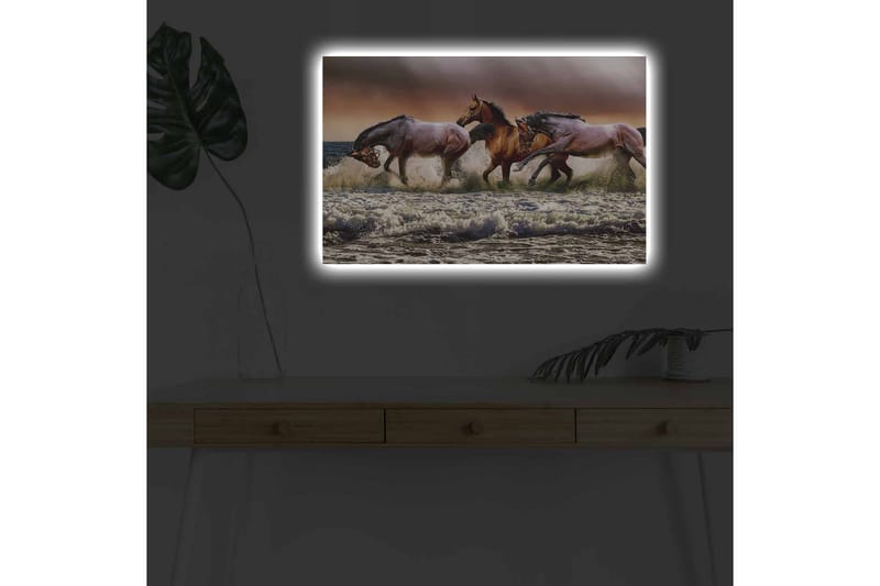Canvastavla med LED-belysning - Sprudlande hästar som galopperar genom vågorna vid havet - Brun / Beige / Blå - Inredning & dekor - Tavlor & konst - Canvastavla