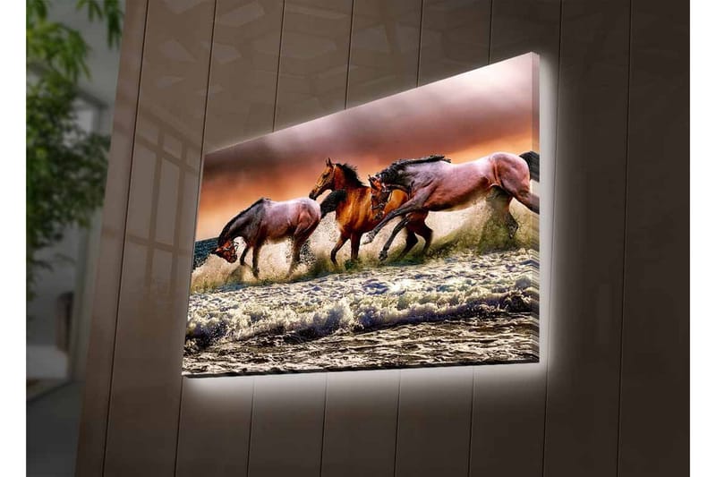 Canvastavla med LED-belysning - Sprudlande hästar som galopperar genom vågorna vid havet - Brun / Beige / Blå - Inredning & dekor - Tavlor & konst - Canvastavla