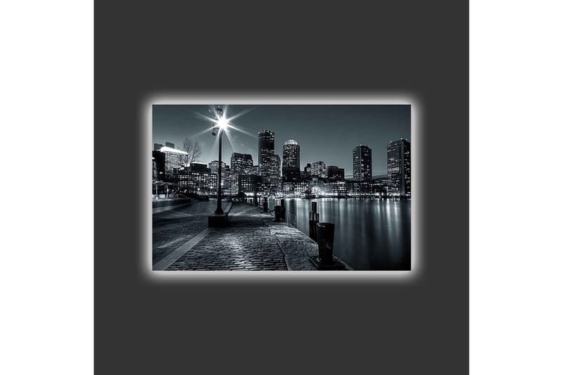 Canvastavla med LED-belysning - Stadslandskap i svartvitt med reflektioner i vattnet - Svart / Grå - Inredning & dekor - Tavlor & konst - Canvastavla