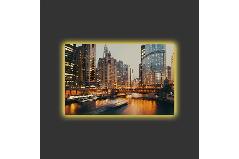 Canvastavla med LED-belysning - Stadslandskap med skyskrapor vid en flod i skymning - Guld / Blå / Grå - Inredning & dekor - Tavlor & konst - Canvastavla
