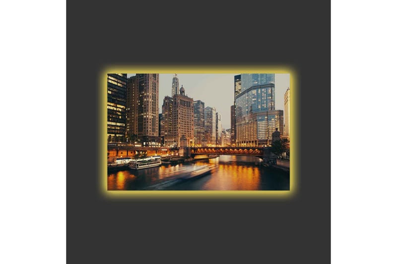 Canvastavla med LED-belysning - Stadslandskap med skyskrapor vid en flod i skymning - Guld / Blå / Grå - Inredning & dekor - Tavlor & konst - Canvastavla