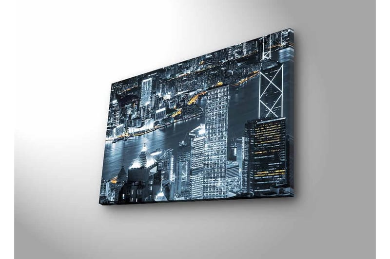 Canvastavla med LED-belysning - Stadssilhuett av en nattlig skyline med ljusreflektioner i vattnet - Svart / Grå / Vit - Inredning & dekor - Tavlor & konst - Canvastavla