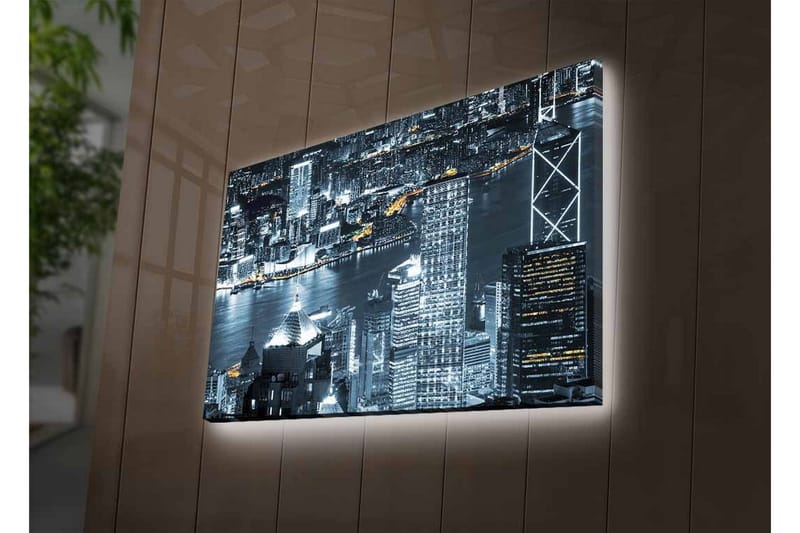 Canvastavla med LED-belysning - Stadssilhuett av en nattlig skyline med ljusreflektioner i vattnet - Svart / Grå / Vit - Inredning & dekor - Tavlor & konst - Canvastavla