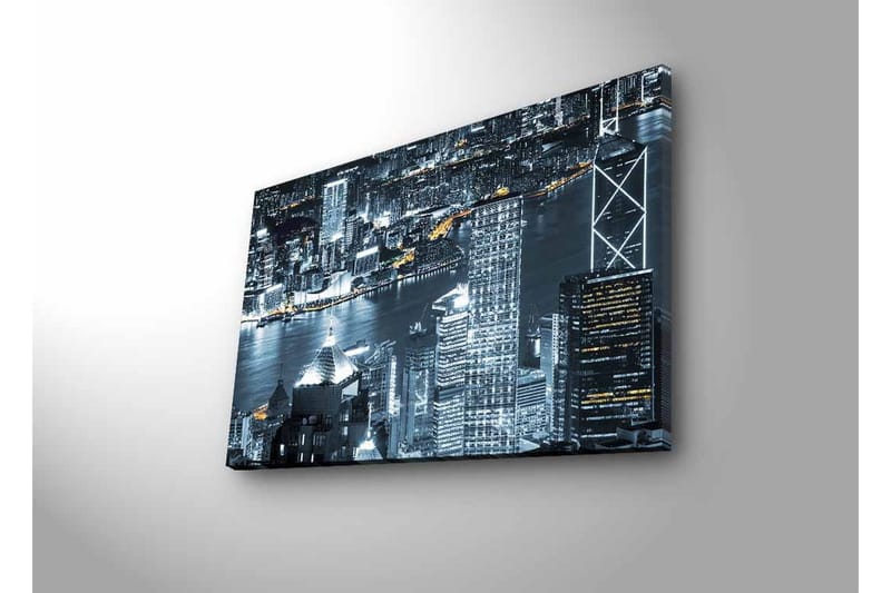 Canvastavla med LED-belysning - Stadssilhuett av en nattlig skyline med ljusreflektioner i vattnet - Svart / Grå / Vit - Inredning & dekor - Tavlor & konst - Canvastavla
