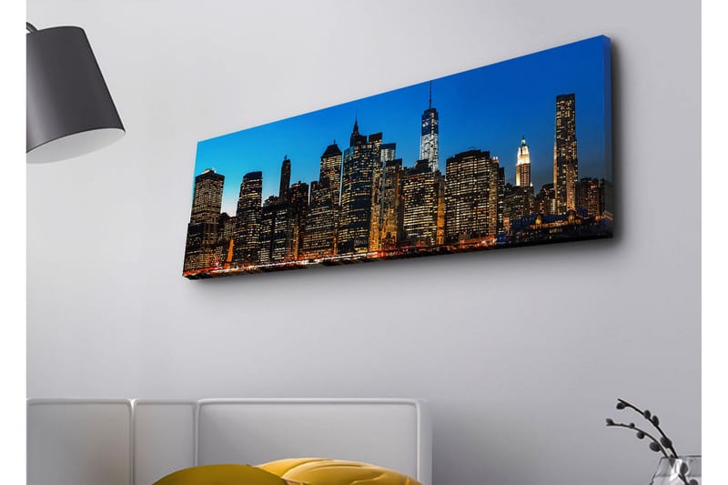 Canvastavla med LED-belysning - Stadssilhuett av New York i skymning, Blå / Svart / Guld