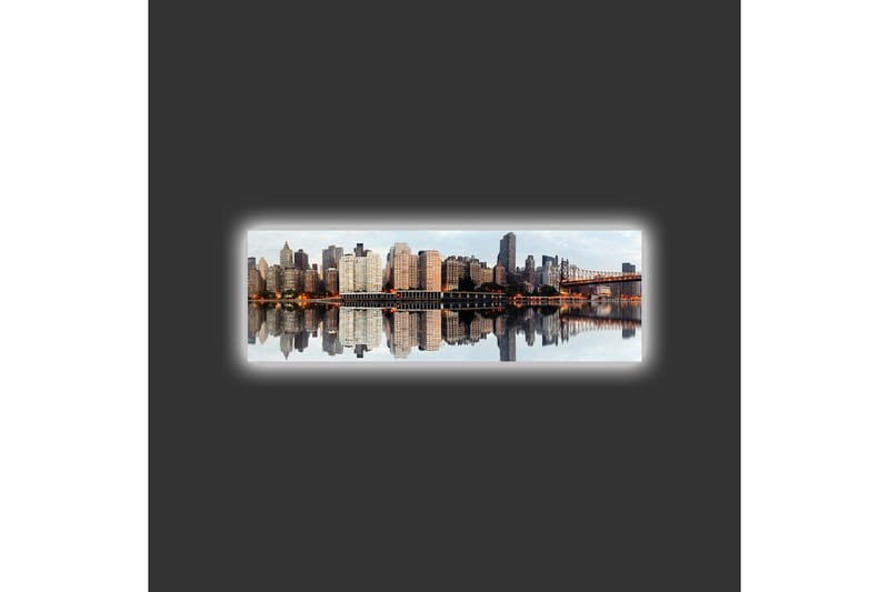 Canvastavla med LED-belysning - Stadssilhuett med reflektioner i vattnet - Grå / Beige / Orange - Inredning & dekor - Tavlor & konst - Canvastavla