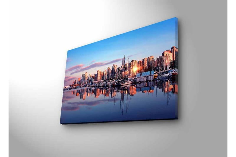 Canvastavla med LED-belysning - Stadssilhuett vid solnedgång med reflektioner i vattnet - Blå / Orange / Lila - Inredning & dekor - Tavlor & konst - Canvastavla