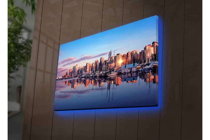 Canvastavla med LED-belysning - Stadssilhuett vid solnedgång med reflektioner i vattnet - Blå / Orange / Lila - Inredning & dekor - Tavlor & konst - Canvastavla