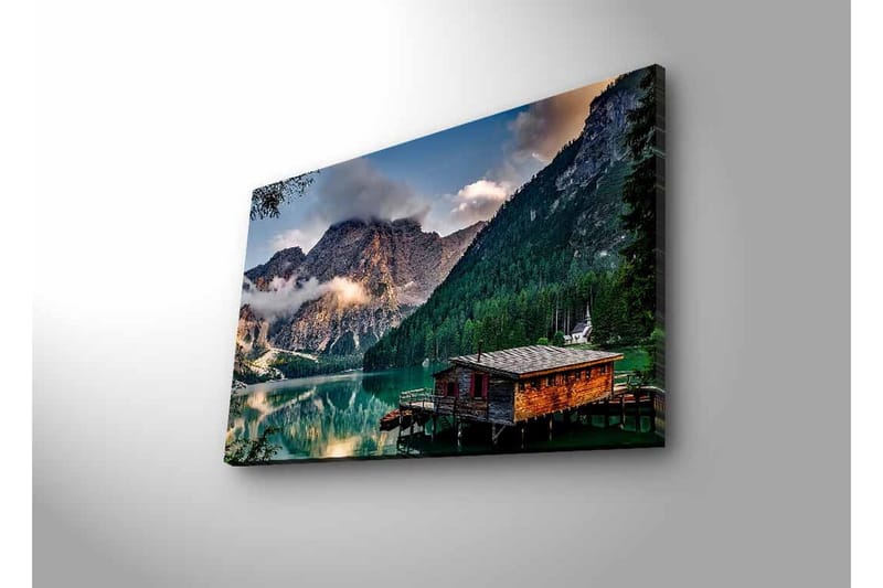 Canvastavla med LED-belysning - Stämningsfull fjällsjö med en trästuga vid vattnet - Grön / Blå / Brun - Inredning & dekor - Tavlor & konst - Canvastavla
