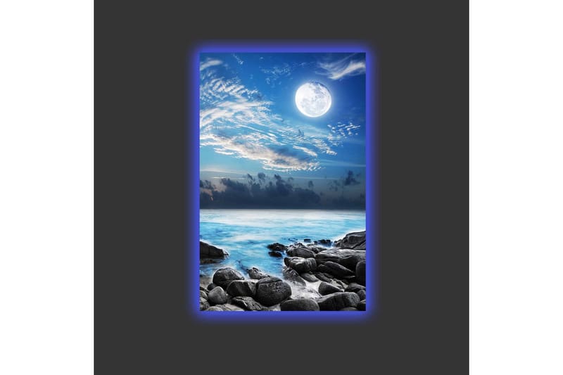 Canvastavla med LED-belysning - Stämningsfull havslandskap med måne och klippor - Blå / Grå / Vit - Inredning & dekor - Tavlor & konst - Canvastavla