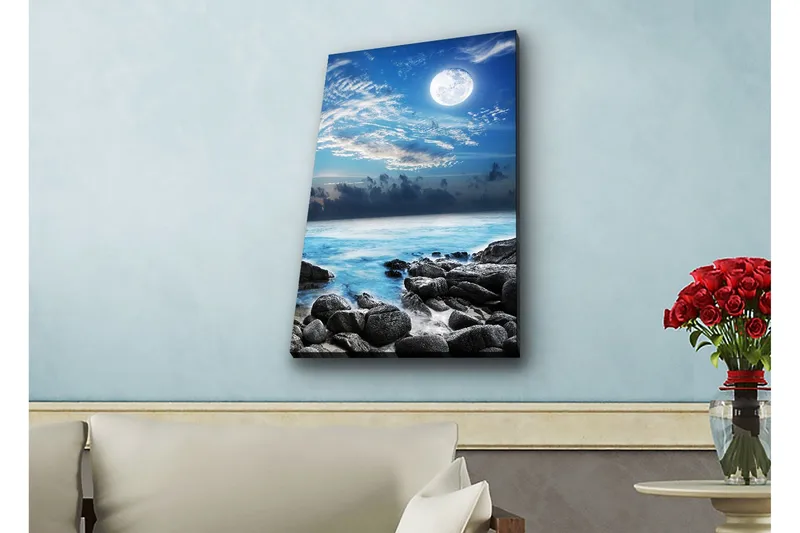 Canvastavla med LED-belysning - Stämningsfull havslandskap med måne och klippor - Blå / Grå / Vit - Inredning & dekor - Tavlor & konst - Canvastavla