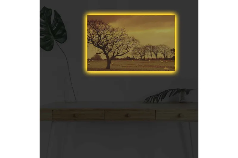 Canvastavla med LED-belysning - Stämningsfull landskapsvy med siluetter av träd mot en gyllene himmel - Guld / Brun / Svart - Inredning & dekor - Tavlor & konst - Canvastavla