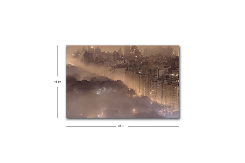 Canvastavla med LED-belysning - Stämningsfull stadsbild i dimma med skyskrapor och trädtoppar - Mörkbrun / Grå / Guld - Inredning & dekor - Tavlor & konst - Canvastavla