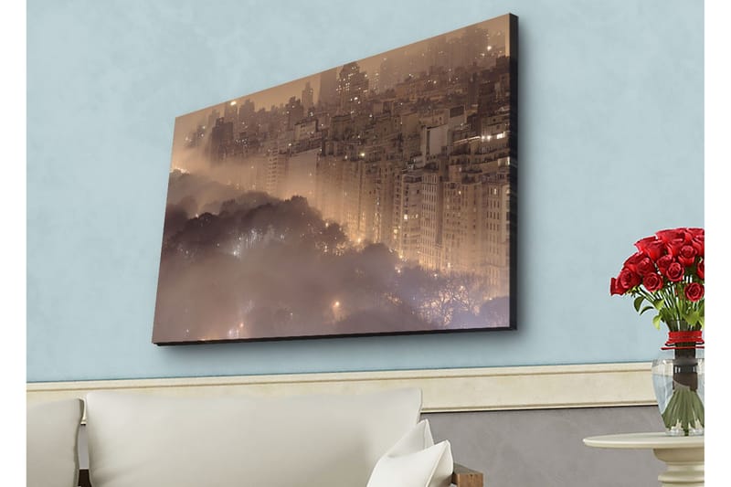 Canvastavla med LED-belysning - Stämningsfull stadsbild i dimma med skyskrapor och trädtoppar - Mörkbrun / Grå / Guld - Inredning & dekor - Tavlor & konst - Canvastavla