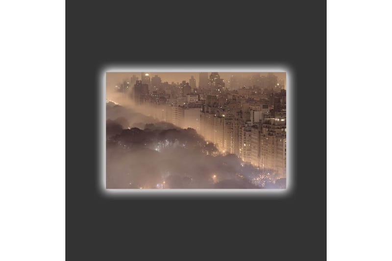 Canvastavla med LED-belysning - Stämningsfull stadsbild i dimma med skyskrapor och trädtoppar - Mörkbrun / Grå / Guld - Inredning & dekor - Tavlor & konst - Canvastavla