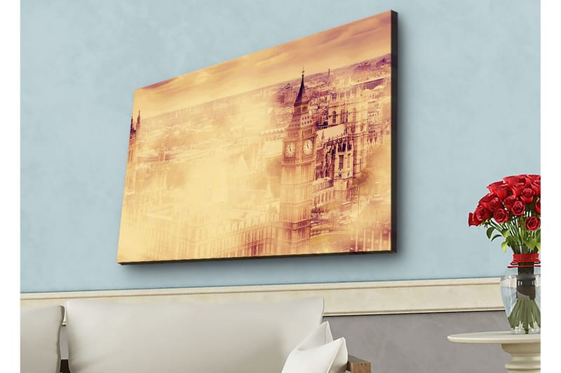 Canvastavla med LED-belysning - Stämningsfull vy av en stad med kända byggnader i dimma - Beige / Guld / Mörkbrun - Inredning & dekor - Tavlor & konst - Canvastavla