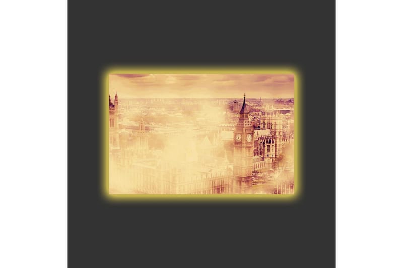 Canvastavla med LED-belysning - Stämningsfull vy av en stad med kända byggnader i dimma - Beige / Guld / Mörkbrun - Inredning & dekor - Tavlor & konst - Canvastavla
