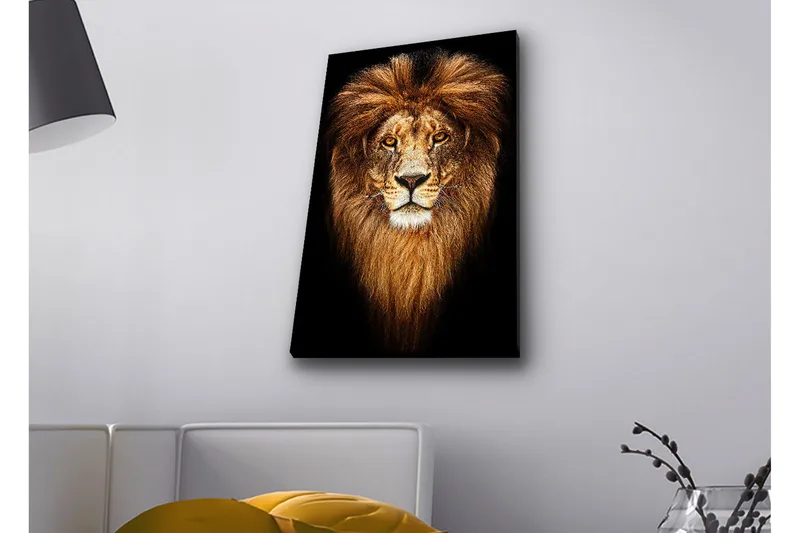 Canvastavla med LED-belysning - Ståtlig lejonhuvud med majestätisk man - Guld / Svart / Brun - Inredning & dekor - Tavlor & konst - Canvastavla