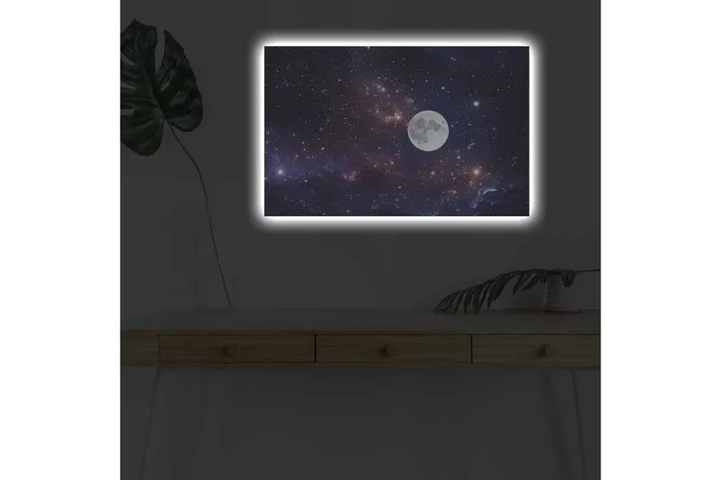 Canvastavla med LED-belysning - Stjärnfull natthimmel med en stor måne - Mörkblå / Lila / Vit - Inredning & dekor - Tavlor & konst - Canvastavla