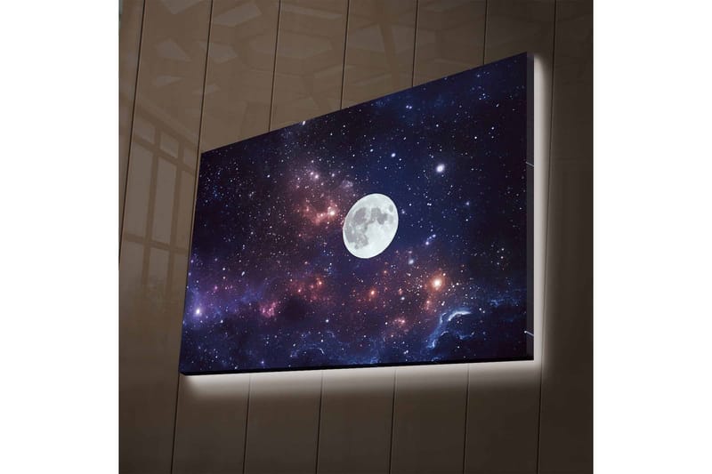 Canvastavla med LED-belysning - Stjärnfull natthimmel med en stor måne - Mörkblå / Lila / Vit - Inredning & dekor - Tavlor & konst - Canvastavla