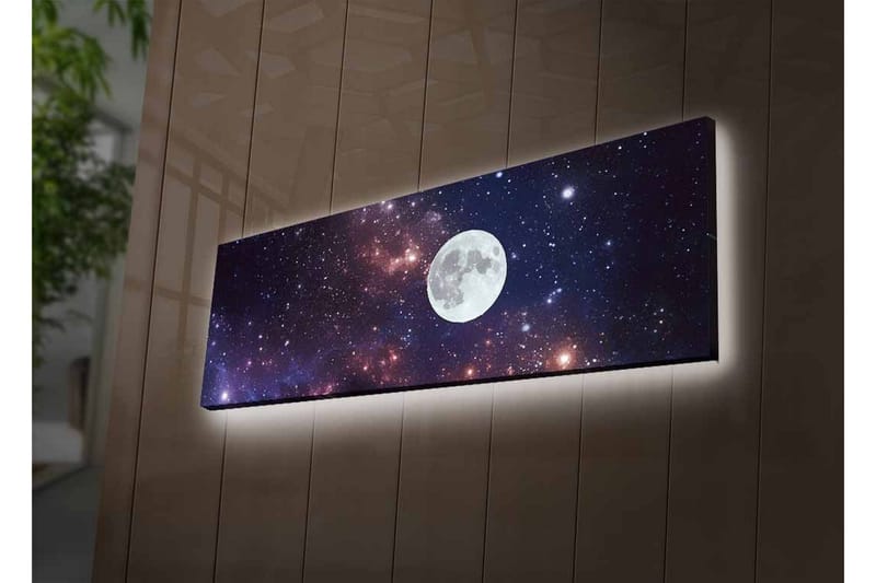 Canvastavla med LED-belysning - Stjärnfull natthimmel med en stor måne - Mörkblå / Lila / Vit - Inredning & dekor - Tavlor & konst - Canvastavla