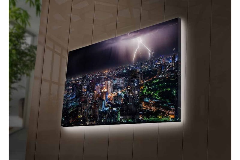 Canvastavla med LED-belysning - Stormig stadsutsikt med blixtar som lyser upp natten - Mörkblå / Grön / Vit - Inredning & dekor - Tavlor & konst - Canvastavla