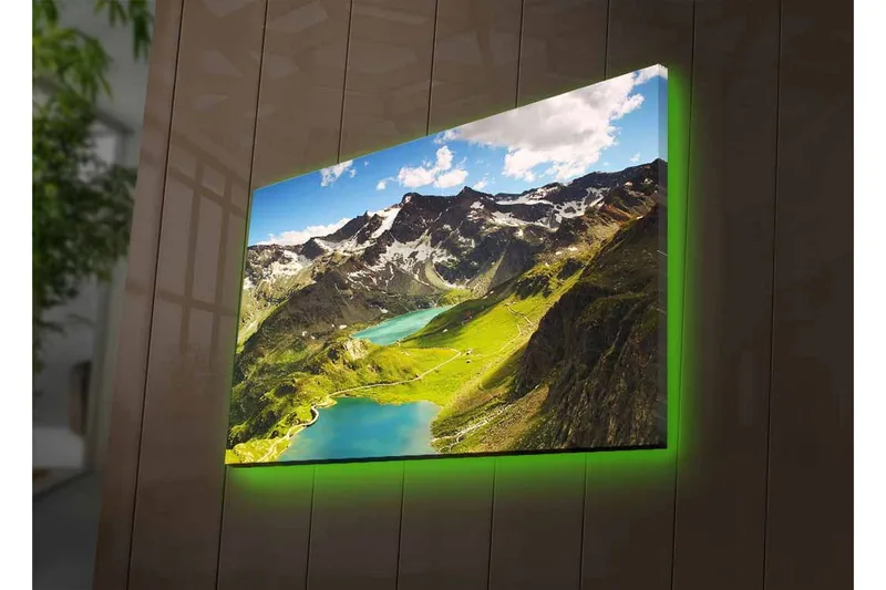 Canvastavla med LED-belysning - Storslagen bergslandskap med en glittrande sjö och grönskande dalar - Grön / Blå / Vit - Inredning & dekor - Tavlor & konst - Canvastavla