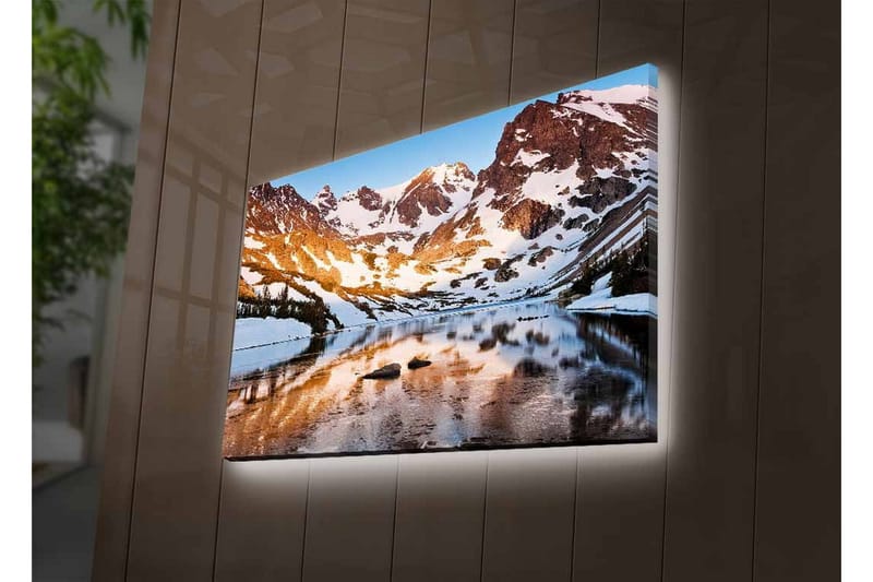 Canvastavla med LED-belysning - Storslagen fjällandskap med spegelblanka sjöar och snötäckta toppar - Blå / Vit / Gyllene - Inredning & dekor - Tavlor & konst - Canvastavla