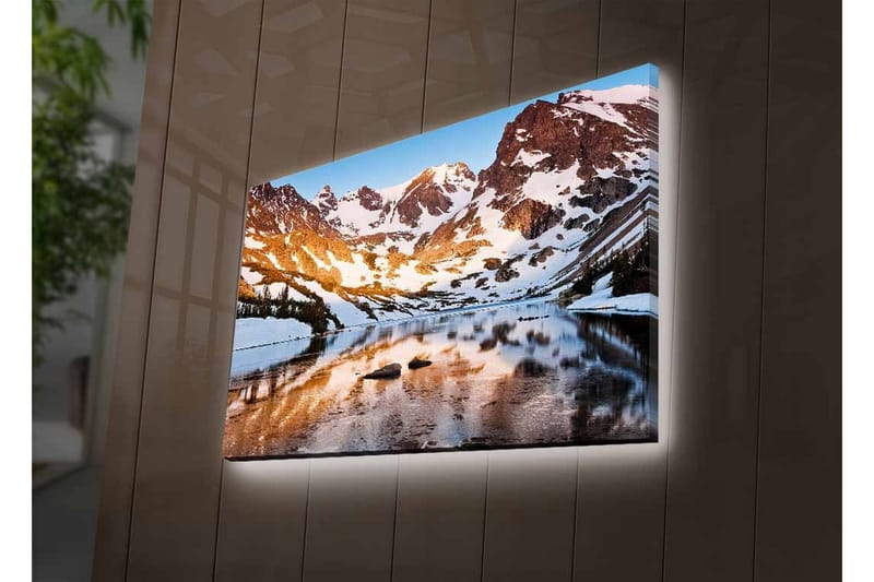 Canvastavla med LED-belysning - Storslagen fjällandskap med spegelblanka sjöar och snötäckta toppar - Blå / Vit / Gyllene - Inredning & dekor - Tavlor & konst - Canvastavla