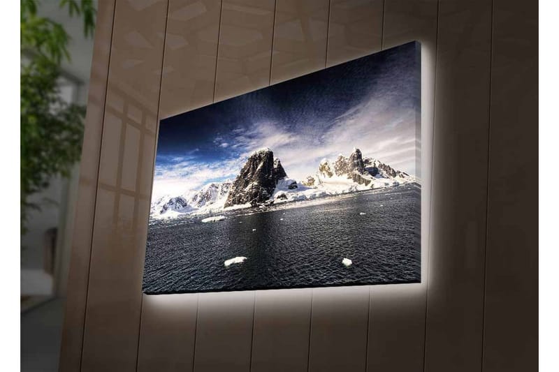 Canvastavla med LED-belysning - Storslagen fjällkedja med snöklädda toppar vid en spegelblanka sjö - Mörkblå / Vit / Grå - Inredning & dekor - Tavlor & konst - Canvastavla